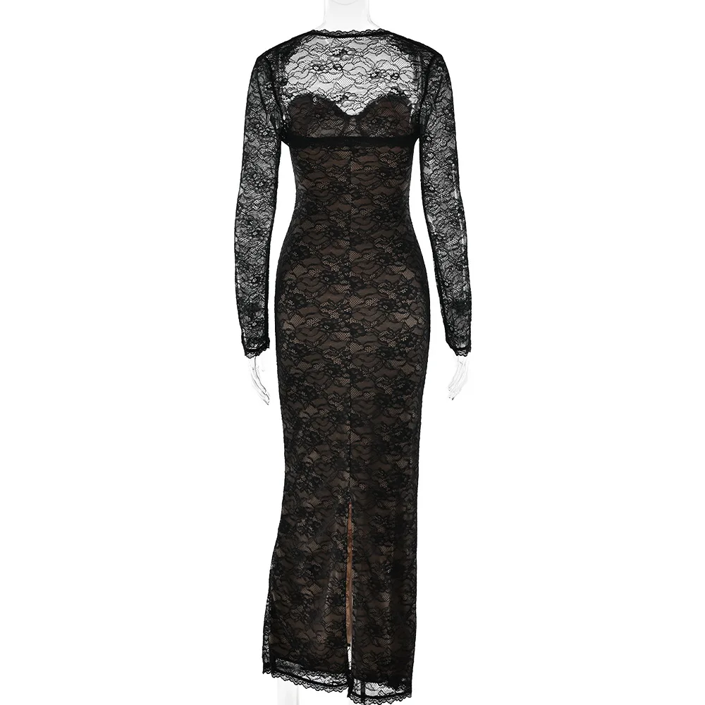 Women's Black Lace Strapless Mermaid Dress With Long Sleeve Shrug Elegant Slit Evening Party Dresses Autumn Red Female Clothing