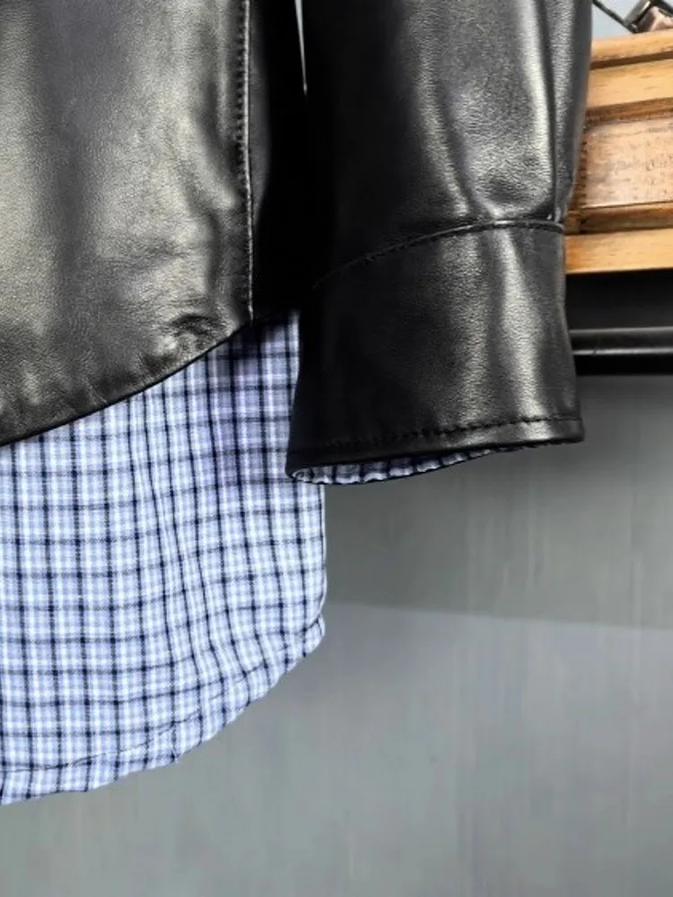 ファッション女性ルーズフィットチェック柄スプライシングシープスキン本革ジャケットボーイフレンドスタイルシングルブレストミッドロングコートストリート