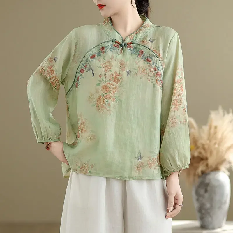 Spring Autumn Temperament Tang Suit Zen Tea Clothes Embroidered Top New Chinese Style Cotton Linen Printed Shirt for Women