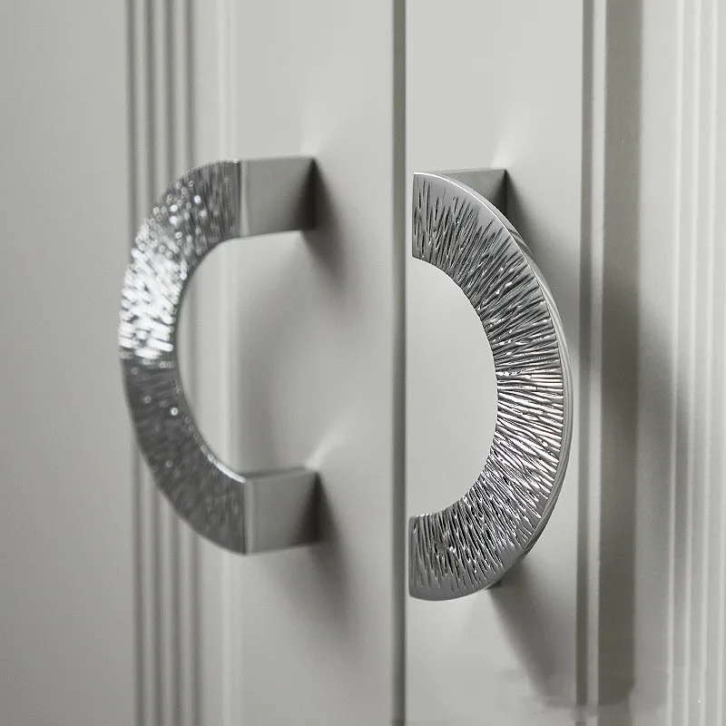 Brass Straight Line Hammer Pattern Silver Handle Light Luxury Drawer Cabinet Door Wardrobe Handle Chrome Plated Antique Handle