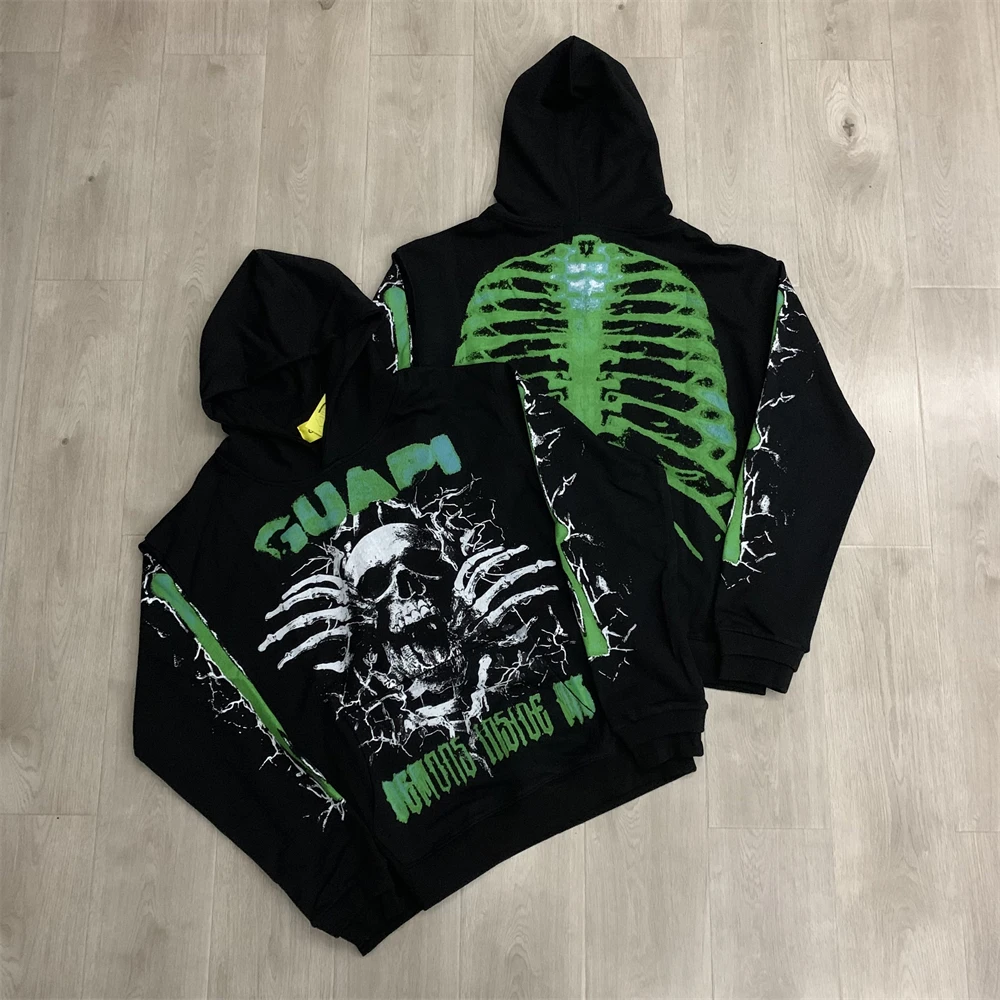 

Толстовка с капюшоном GUAPI Demons Inside V3 2026ss для мужчин и женщин, флуоресцентный зеленый пуловер с капюшоном из тяжелой ткани с принтом черепа, унисекс
