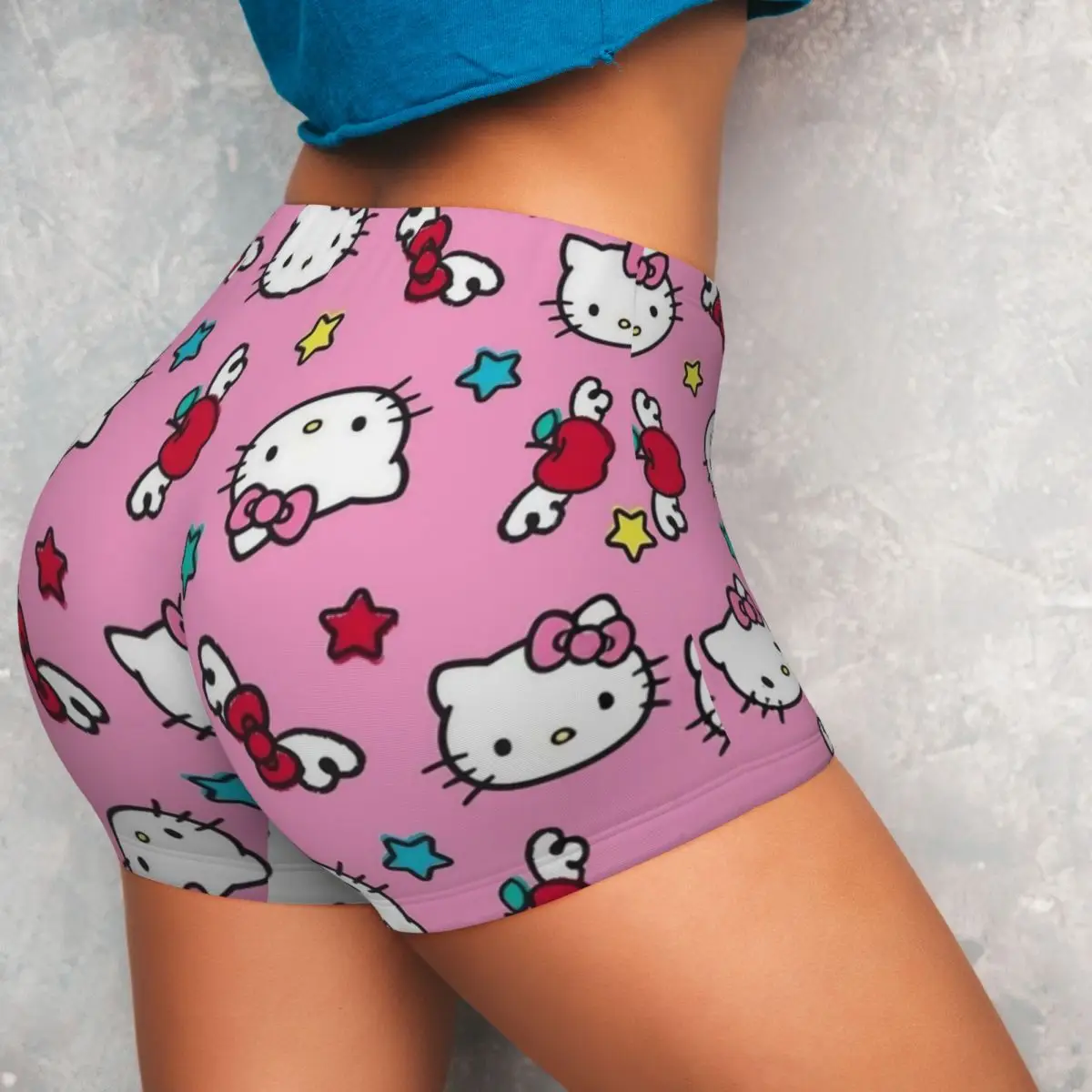 Pink Hello Kitty Cartoon Quick Dried Yoga Short Women's Scrunch Fitness Workout Gym Wear