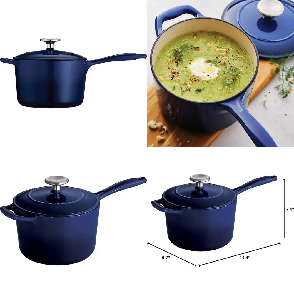 

Enameled Cast Iron 2.5-Quart Sauce Pan with Lid, Blue, High-Quality Cooking Essential for Every Kitchen