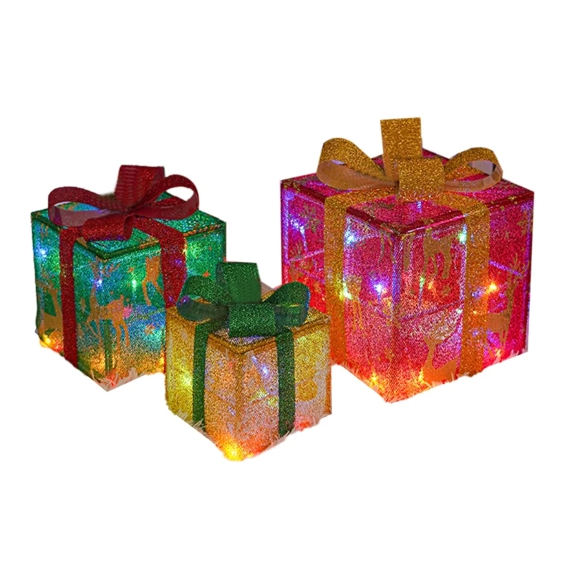 

3 Pcs LED Warm Lights Present Box Ornaments Christmas Lighted Gift Boxes Holiday Glowing Decoration for Indoors Outdoors