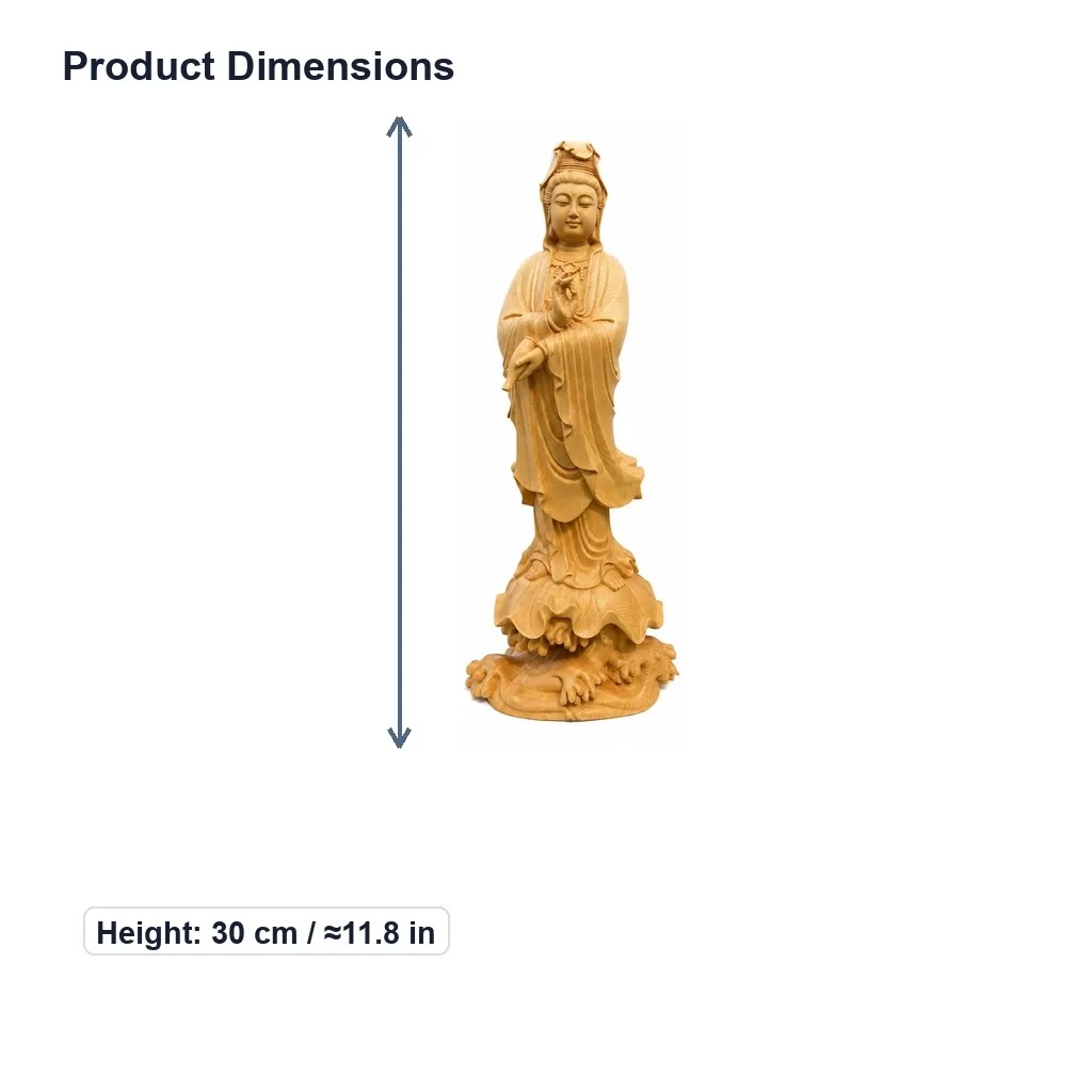 Hand Carved Hinoki Wood Guanyin Bodhisattva Statue with Sacred Vase for Traditional Buddhist Home Temple Shrine Decor Gift