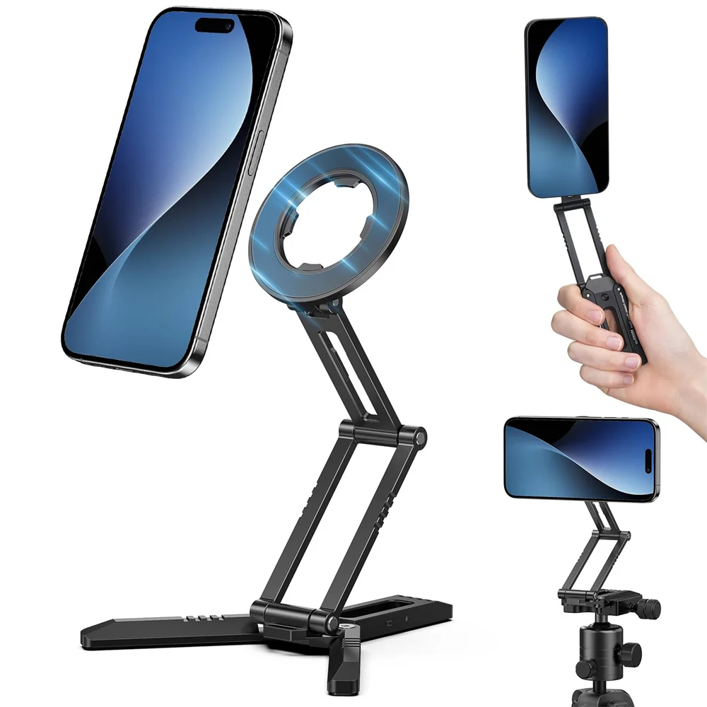 2025 Upgraded Magnetic Phone Tripod with 1/4” Acra swiss Desktop Magsafe Tripod Mount for iPhone 16 15 14 13 12 Pro Phone Stand