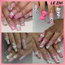 XL Short Square Nails Hello Kitty French Handmade Fake Nails Mymelody Maiden Heart Luxury Diamond Press On Nails Party Stickers