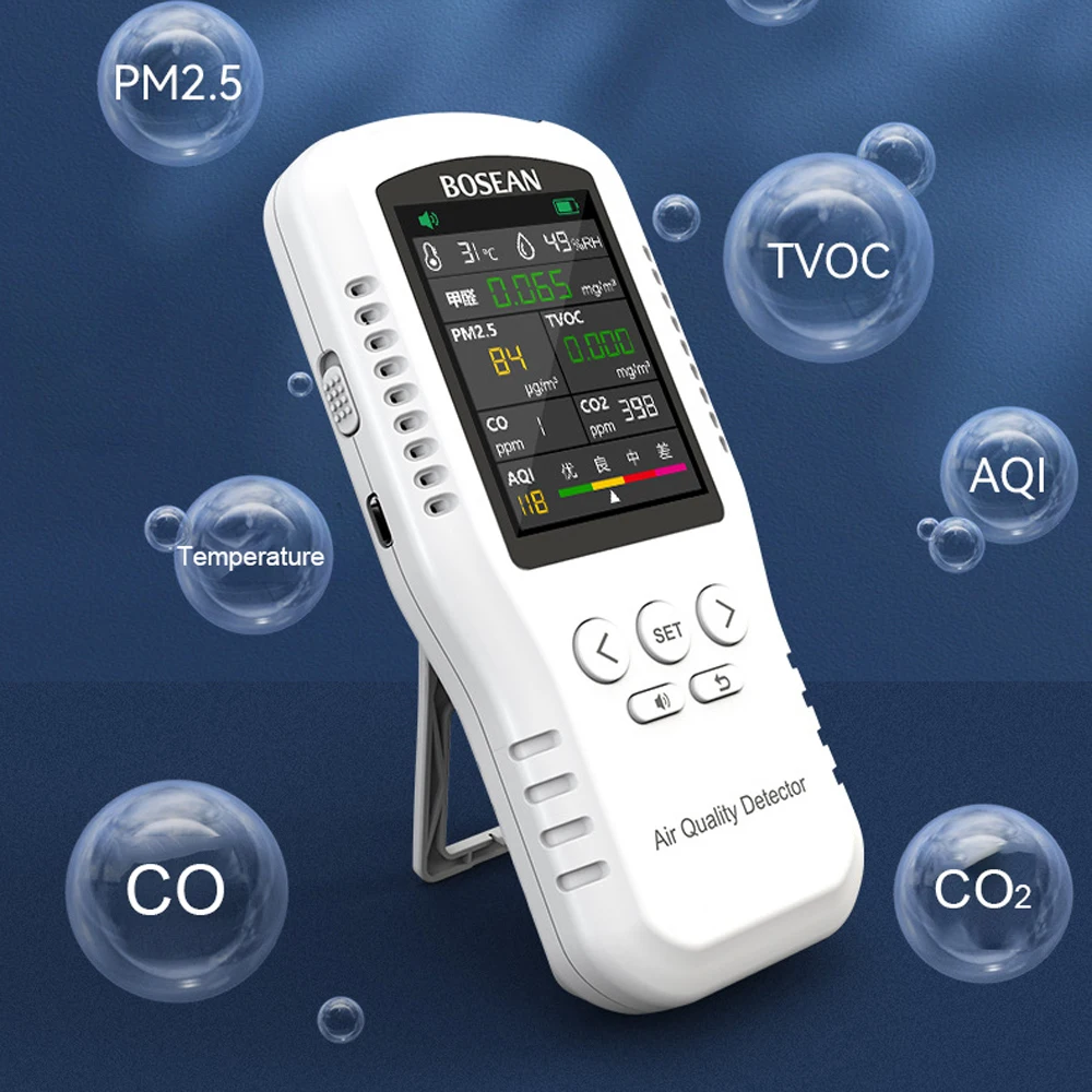 Portable Air Quality Monitor CO2 CO PM2.5 HCHO TVOC Temperature Humidity Monitor Home Digital Air Quality Detector