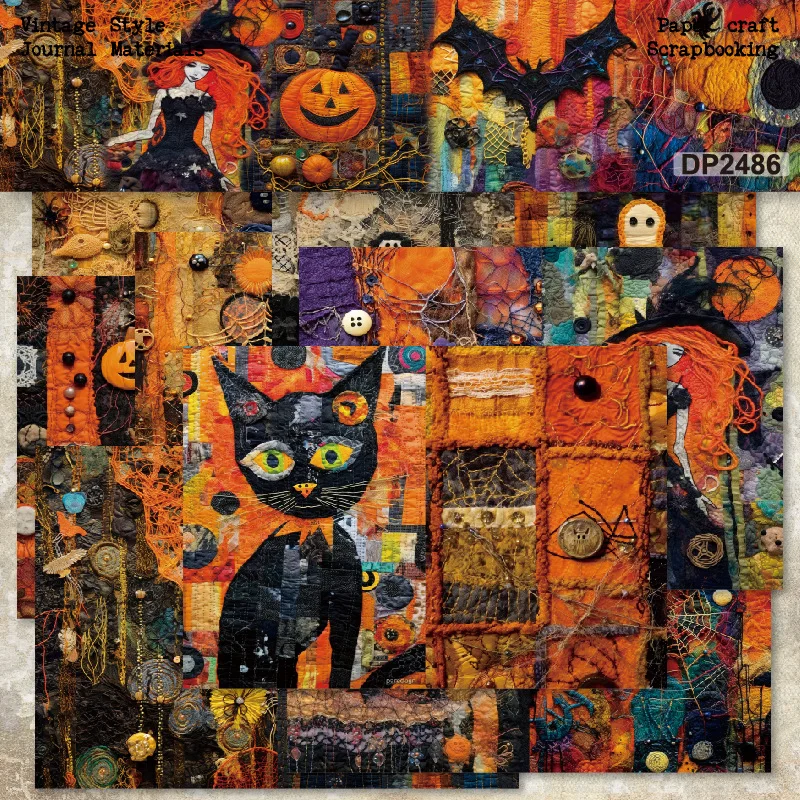 Textured Fabric Halloween Black Cat Pumpkin Witch Bat Scrapbook Paper Pad Collage DIY Craft Invitation Cardmaking Junk Journal