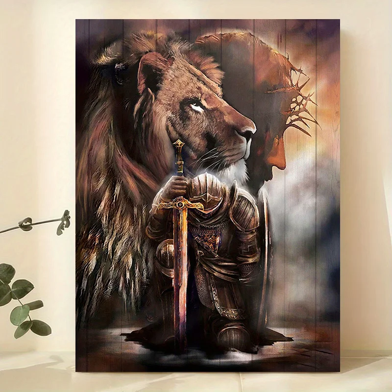 Unframed Canvas Art - God's Armor Lion Warrior Prayer, Inspirational Wall Decor for Home, Bedroom, Living Room, Office, Cafe