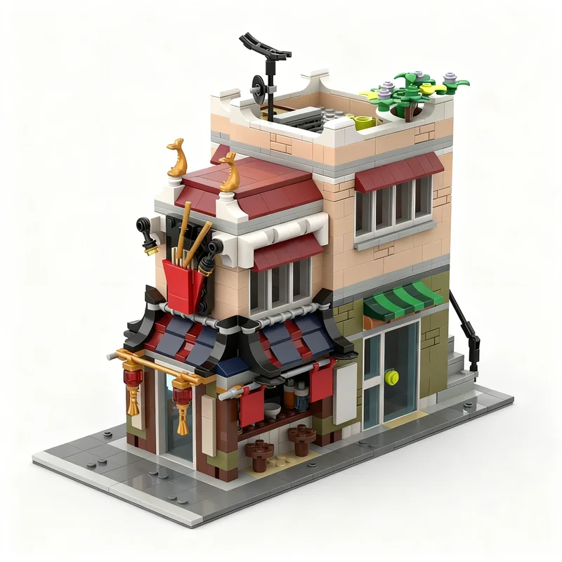 

1028PCS MOC Street View Downtown Noodle Shop Rework Model Custom Building Blocks Architecture DIY Assembly Display Gift Ideas