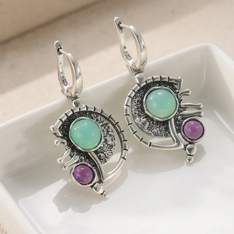 Ethnic Silver Color Inlaid Green Purple Stone Copper Dangle Women's Earrings Daily Wear Party Earrings Woman Vintage Jewelry