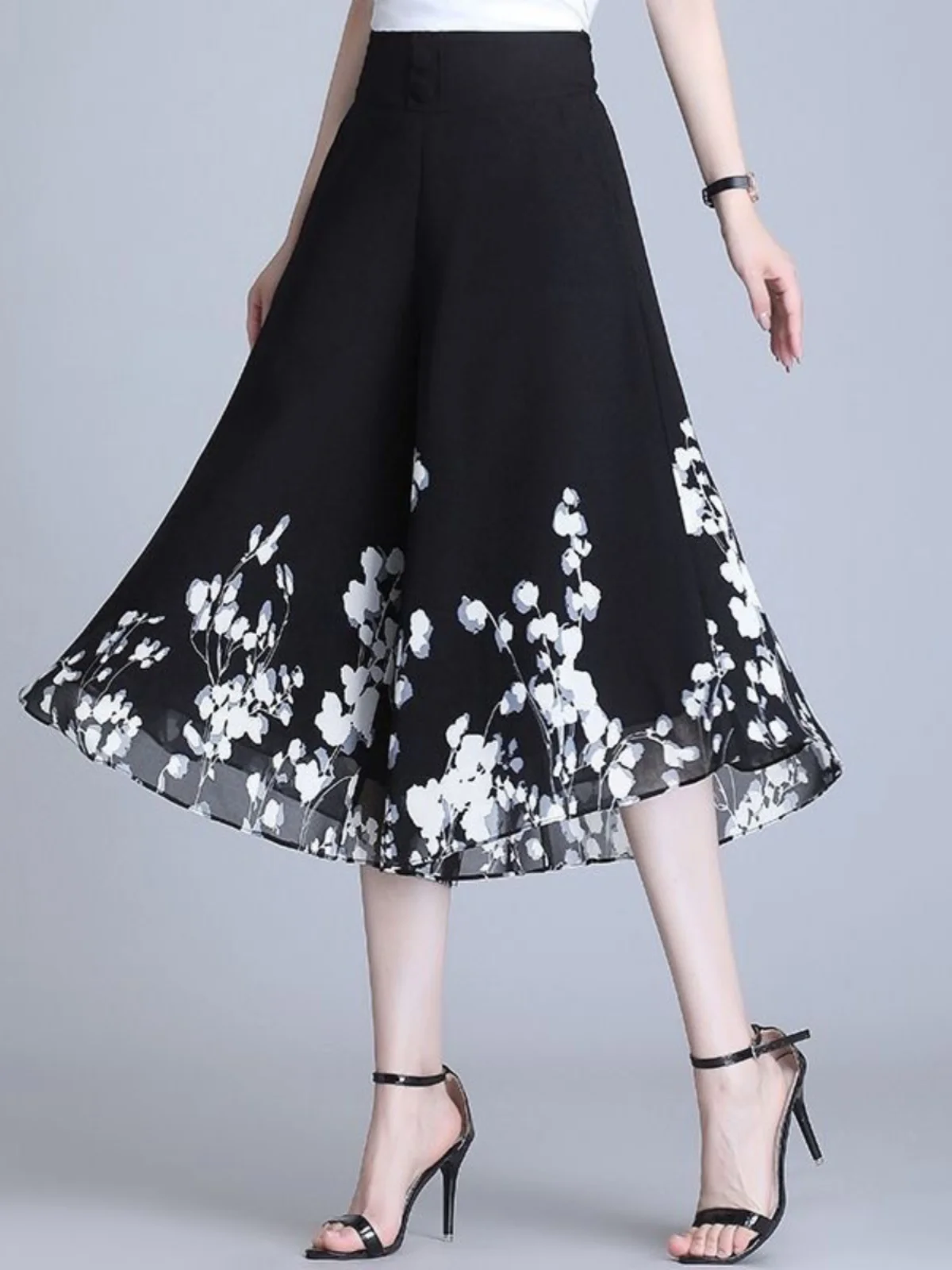 Women's High Waist Wide Leg Seven-Foot Pants Summer Thin Printing Loose High-End Draping Chiffon Wide Leg Skirt Pants