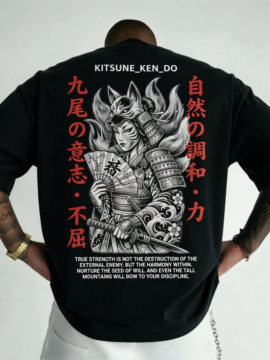 Japanese Ukiyo-e Style Female Samurai Kitsune Print Men's Oversized T-shirt Kanji Graphic Tee Casual Streetwear Summer Tops