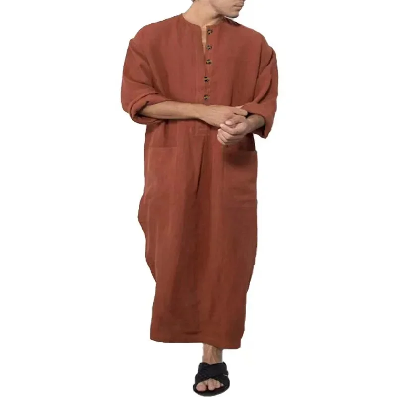 Abaya-Caftan musulman à manches longues et col montant pour homme, style décontracté, arabe, Dubaï, Arabie Saoudite, 2024