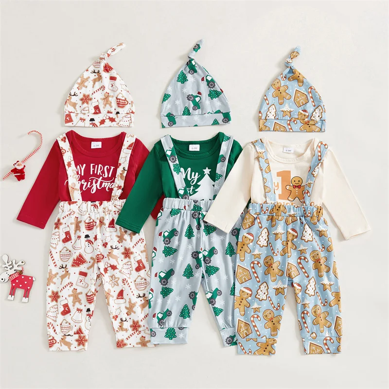 

Cathery Kids Baby Boy Christmas Outfit Sets Long Sleeve O Neck Romper Gingerbread/Christmas Tree Print Suspender Pants Hat Sets