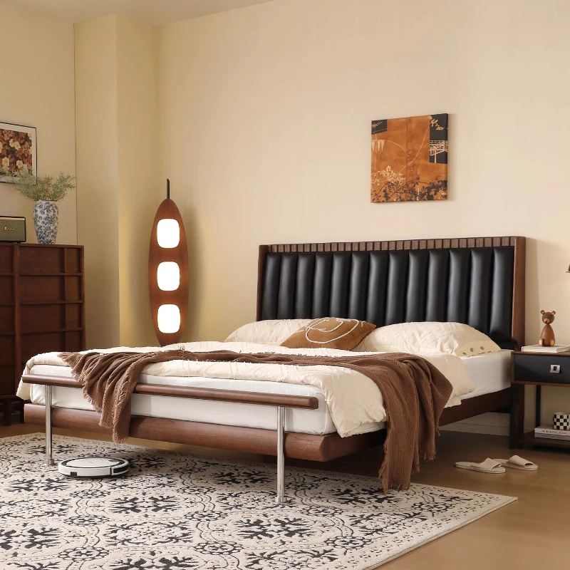 

Walnut antique black piano key soft bag bed master bedroom leather Italian minimalist double solid wood bed
