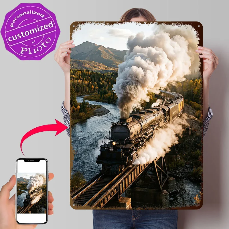 Steam Train Crossing River Bridge 3D Printed Texture Poster Personalized Wall Art Retro Metal Tin Signs for Room Decoration Man