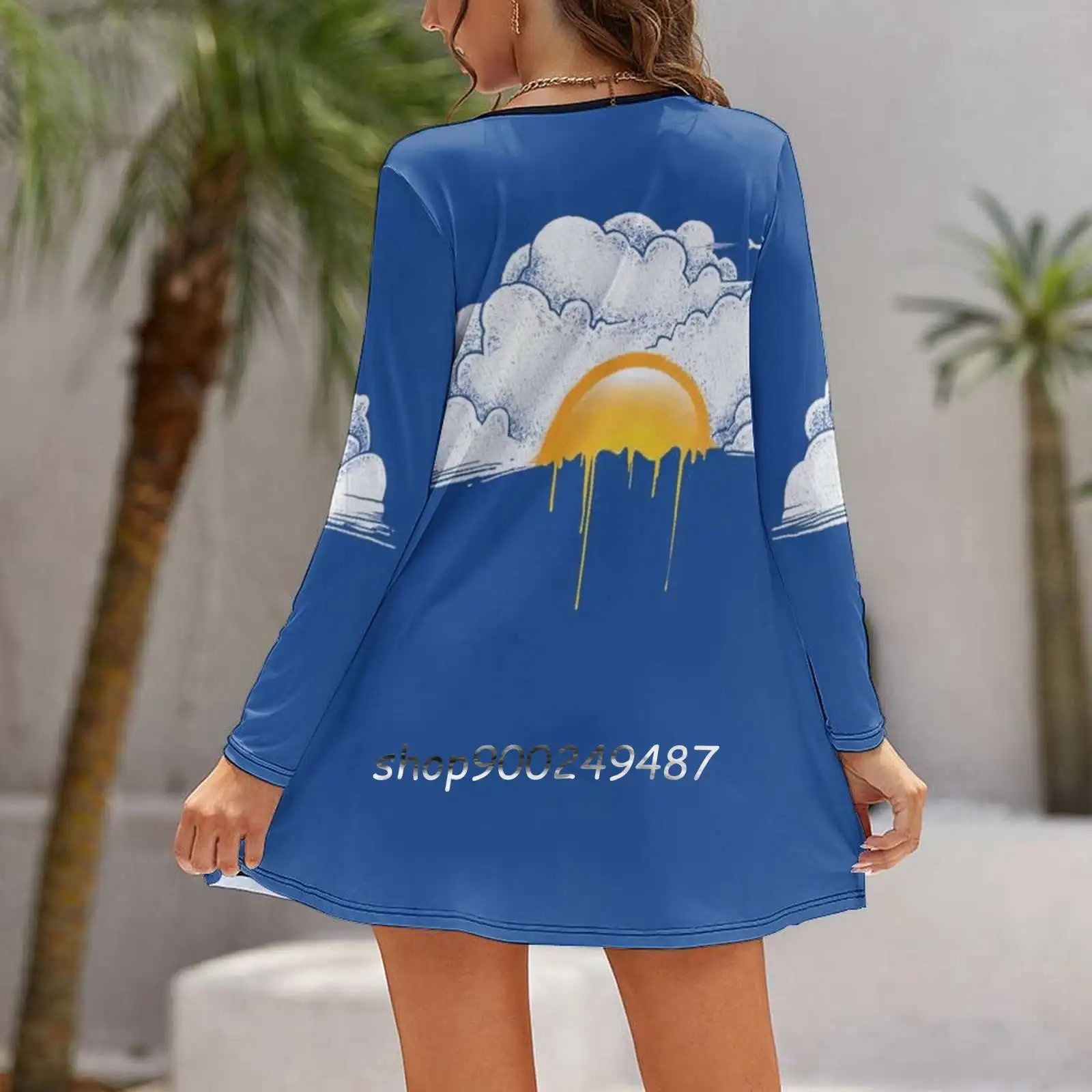 Breakfast Long Sleeve Sexy Dresses For Women 2022 Ladies Vintage Elegant Party Dress Breakfast Egg Plane Cloud Sky Fantasy