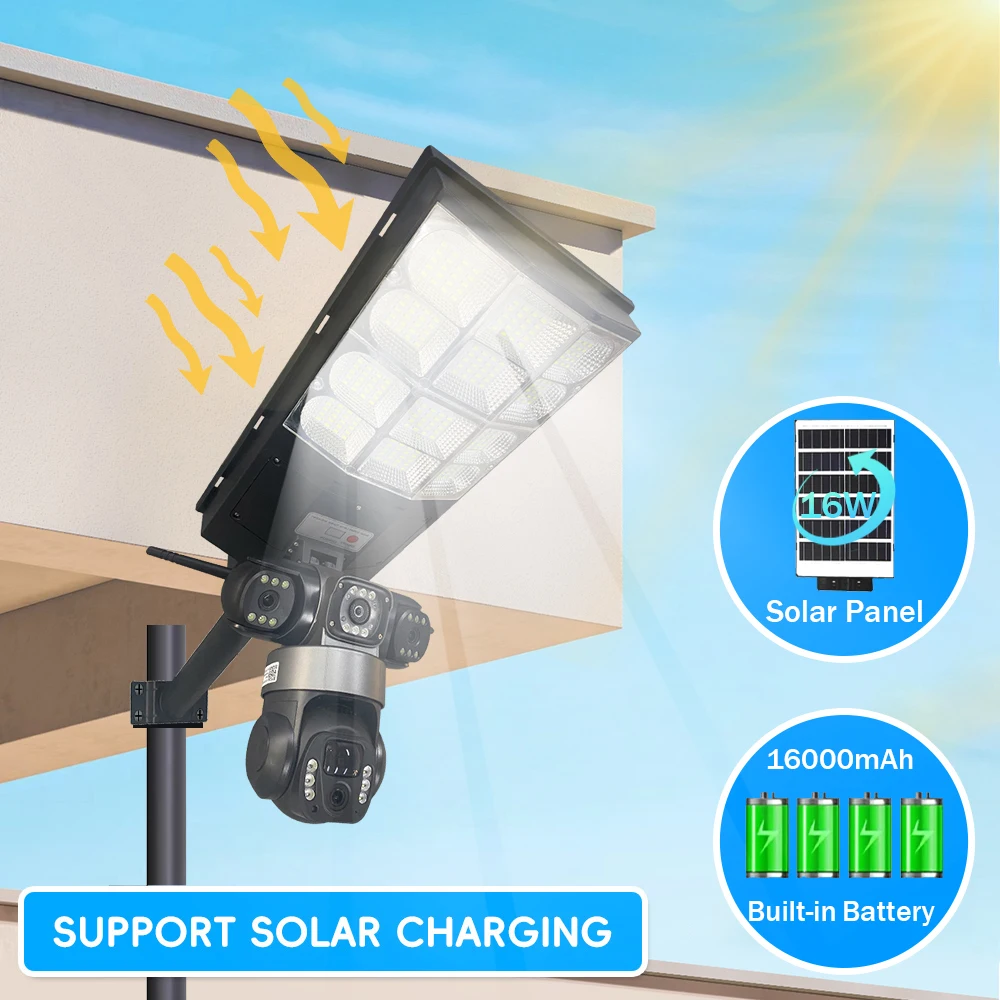 مستشعر الكاميرا الشمسية ضوء الشارع LED 3 أوضاع إضاءة ثلاثة عدسة 4G 15MP كاميرات المراقبة الخارجية IP66 مقاوم للماء التحكم عن بعد