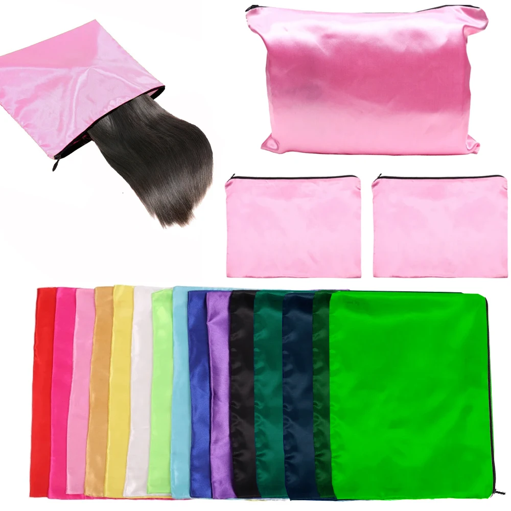 

Satin Wig Bags Packaging Storage Bags With Zipper Soft Silk Stain Bags For Wigs Bundles Hair Extension Black Pink