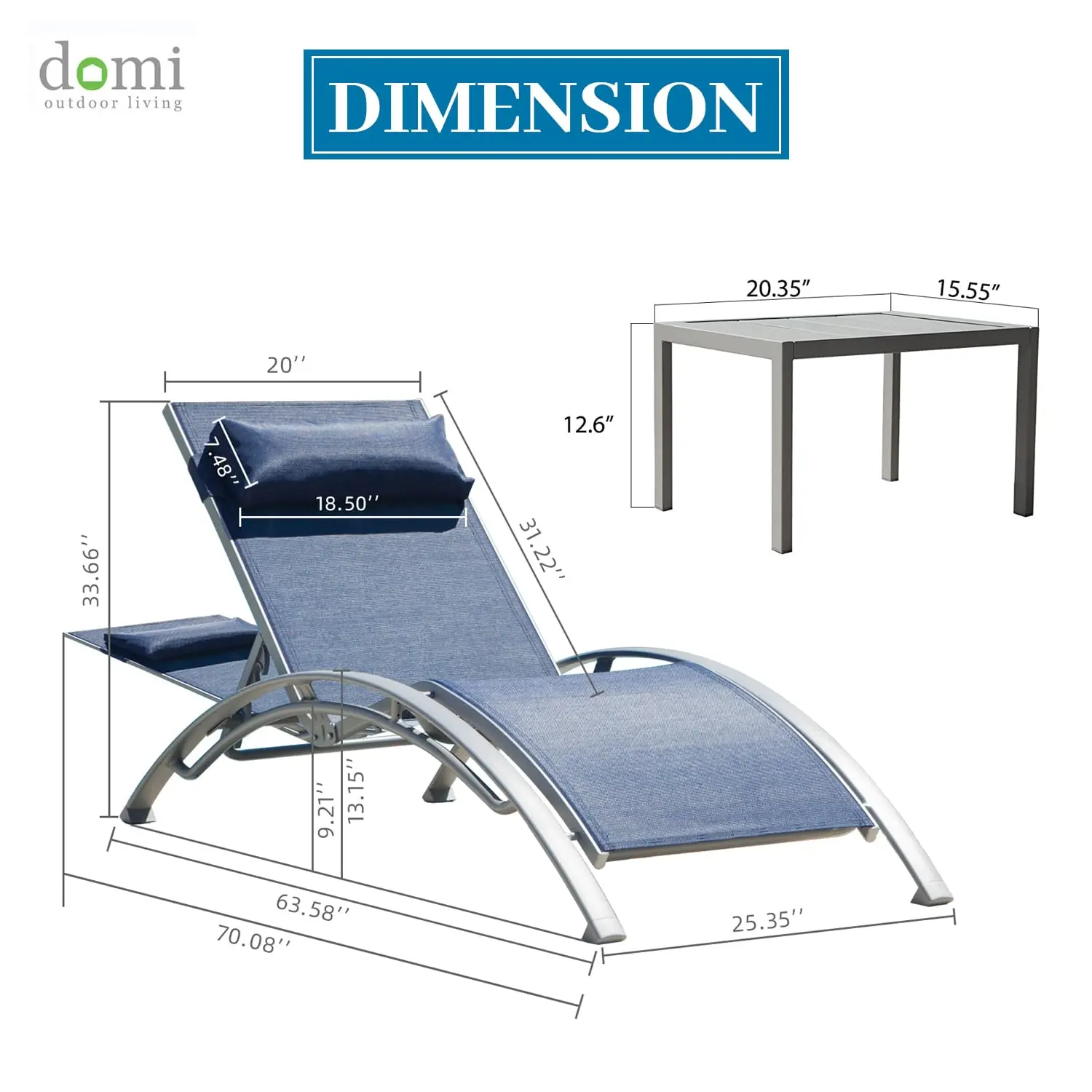 Aluminum Outdoor Lounge Chair Set 3-Piece, 5-Position Adjustable Chaise with Side Table for Pool Garden Beach, Customized