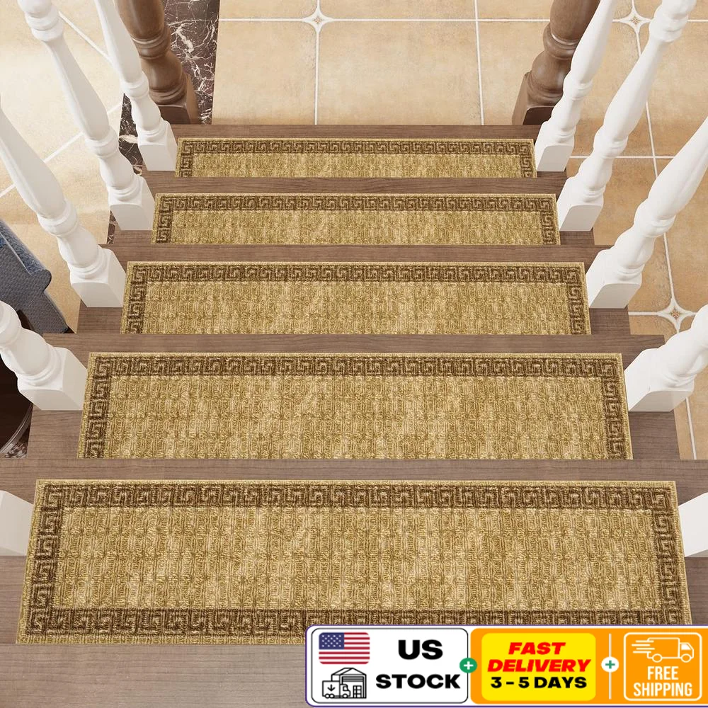 15PCS Non-Slip Stair Treads Wooden Steps Carpet Luxury Polyester Rugs Kids Stick Tight Sturdy Backing Durable Machine Washable