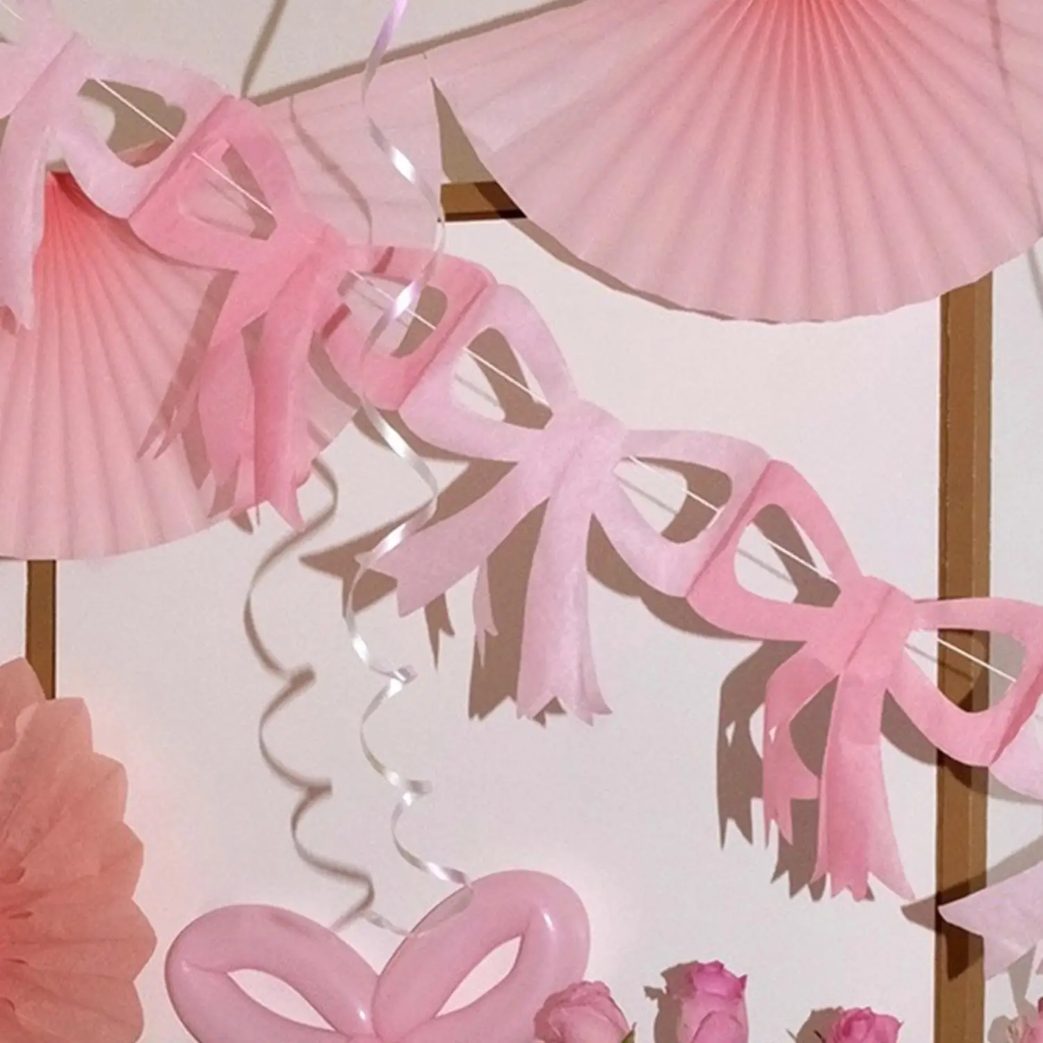 Pink Bow Birthday Theme Party Flag Paper Flower Bunting Happy Birthday Banner Decoration Girl Bow Etiquette Wedding Decoration