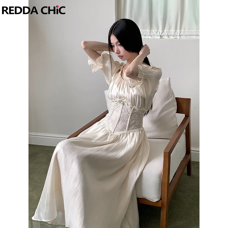 ReddaChic-vestido Medieval Retro de satén con Control de barriga para mujer, vestido largo con faja de encaje recortada y manga abombada brillante, ropa de verano de hadas