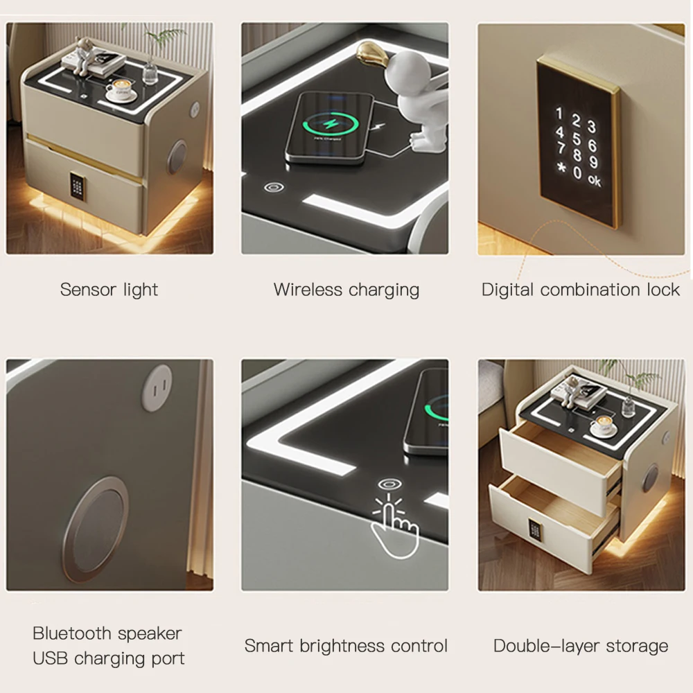 طاولة سرير ذكية مع ضوء مستشعر، شحن لاسلكي، قفل بكلمة مرور رقمية ومكبر صوت بلوتوث، ومنضدة بدرجين #4