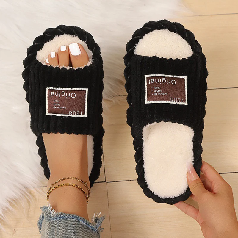 Chaussons d'intérieur en velours côtelé à bout ouvert pour femme, collection Hiver 2026, légers, en peluche courte, semelle souple, pour couples, grandes tailles 45, antidérapants 1