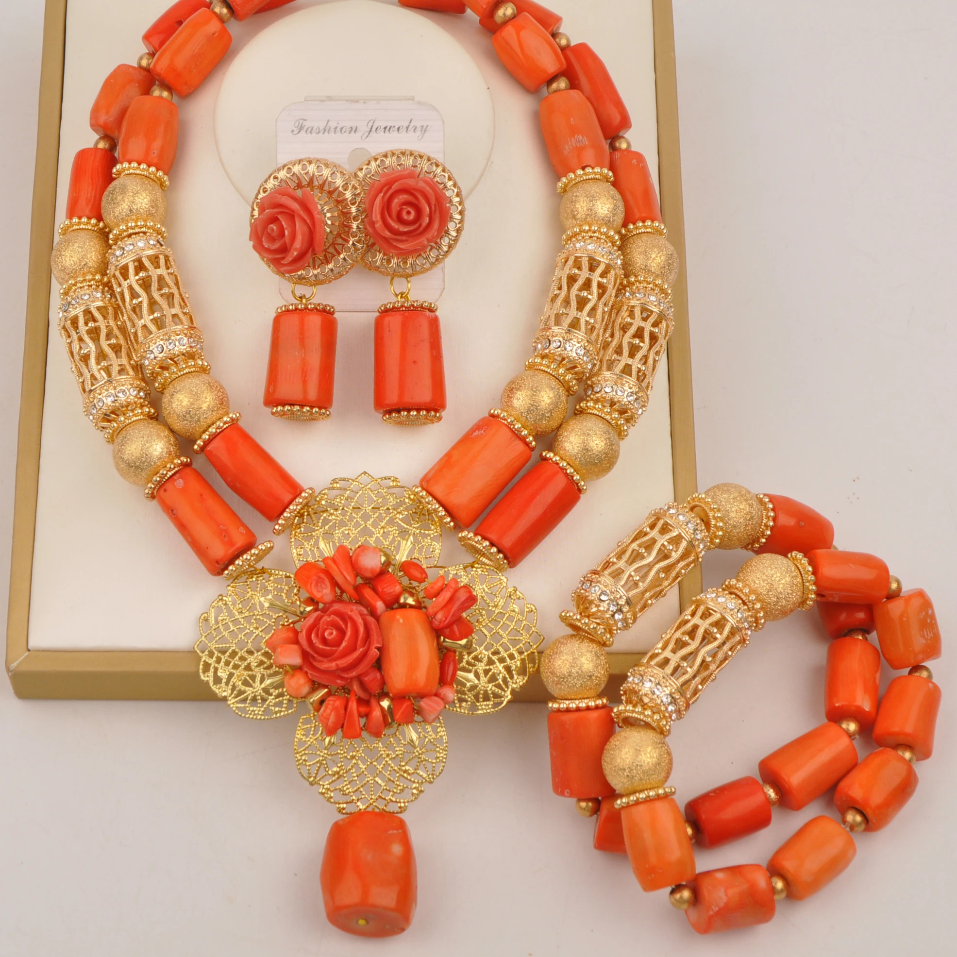 

Wedding Jewellery Set Natural coral Orange Necklace Nigerian Bride Jewellery Africa