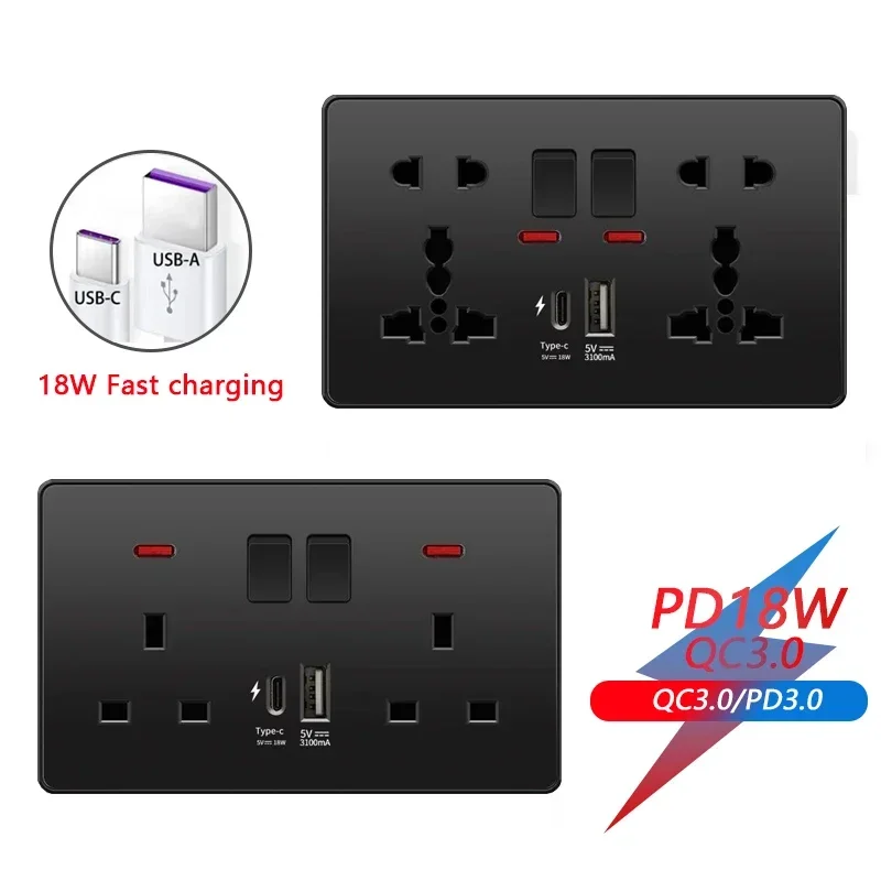 18W Type-C Plug Quick Charging Universal 5-pin Dual Power Socket,UK Standard 13A Wall Socket with DC 5V 3.1A Type-c USB Charger