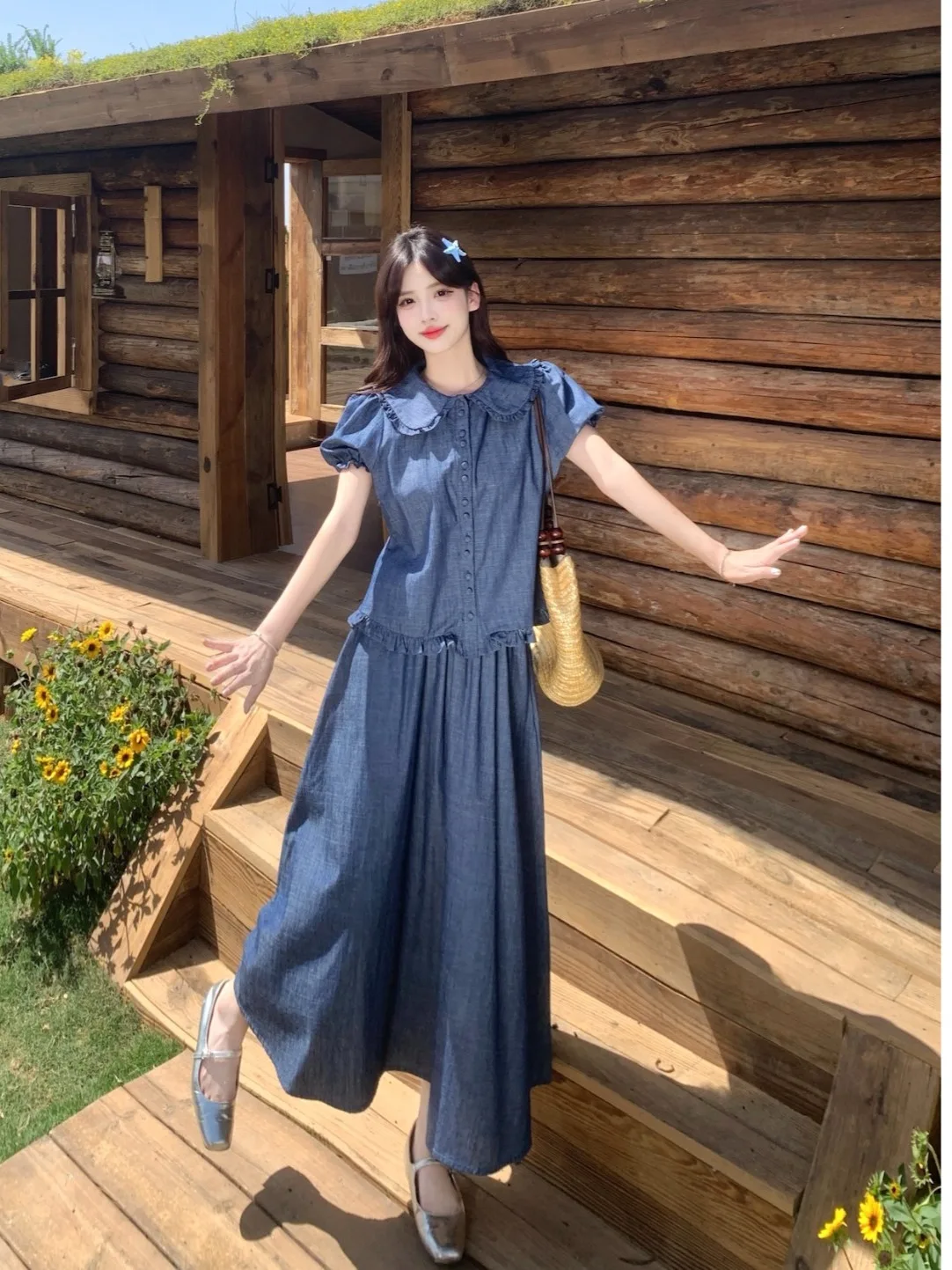 

plus Size Women's Sweet Style Short Sleeve Denim Shirt High Waist Skirt Set Summer New Arrival Korean Loose Fit Button D...