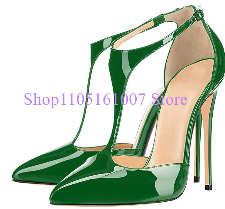 

Green Color T-strap Lady Pumps Fashion Thin Heel Pointed Toe Woman High Heels Shoes Female Dress Party Sandals