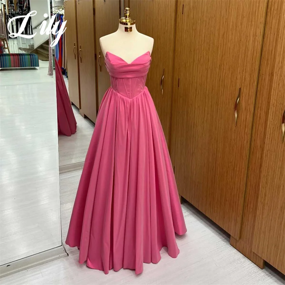 

Lily Pink Woman Evening Dress Gown A-Line Sexy Sleeveless Sweetheart Night Dress Gown with Pleats Satin Custom robes de soirée