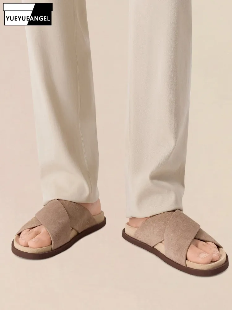 

Summer Mens Real Cow Suede Leather Slippers Cross Strap Open Toe Slip On Slides Casual Vintage Outside Thick Platform Slippers