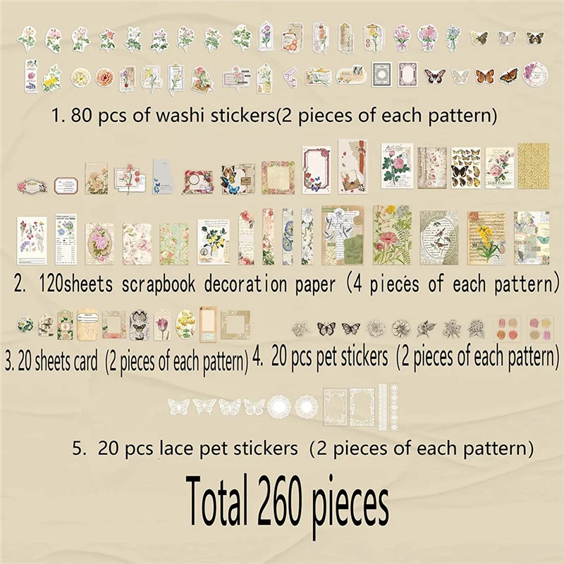 แพ็คสติกเกอร์สมุดภาพแนววินเทจ260ชิ้นชุดสติกเกอร์วารสารแบบ DIY ย้อนยุค kertas aksesoris สมุดภาพดอกไม้
