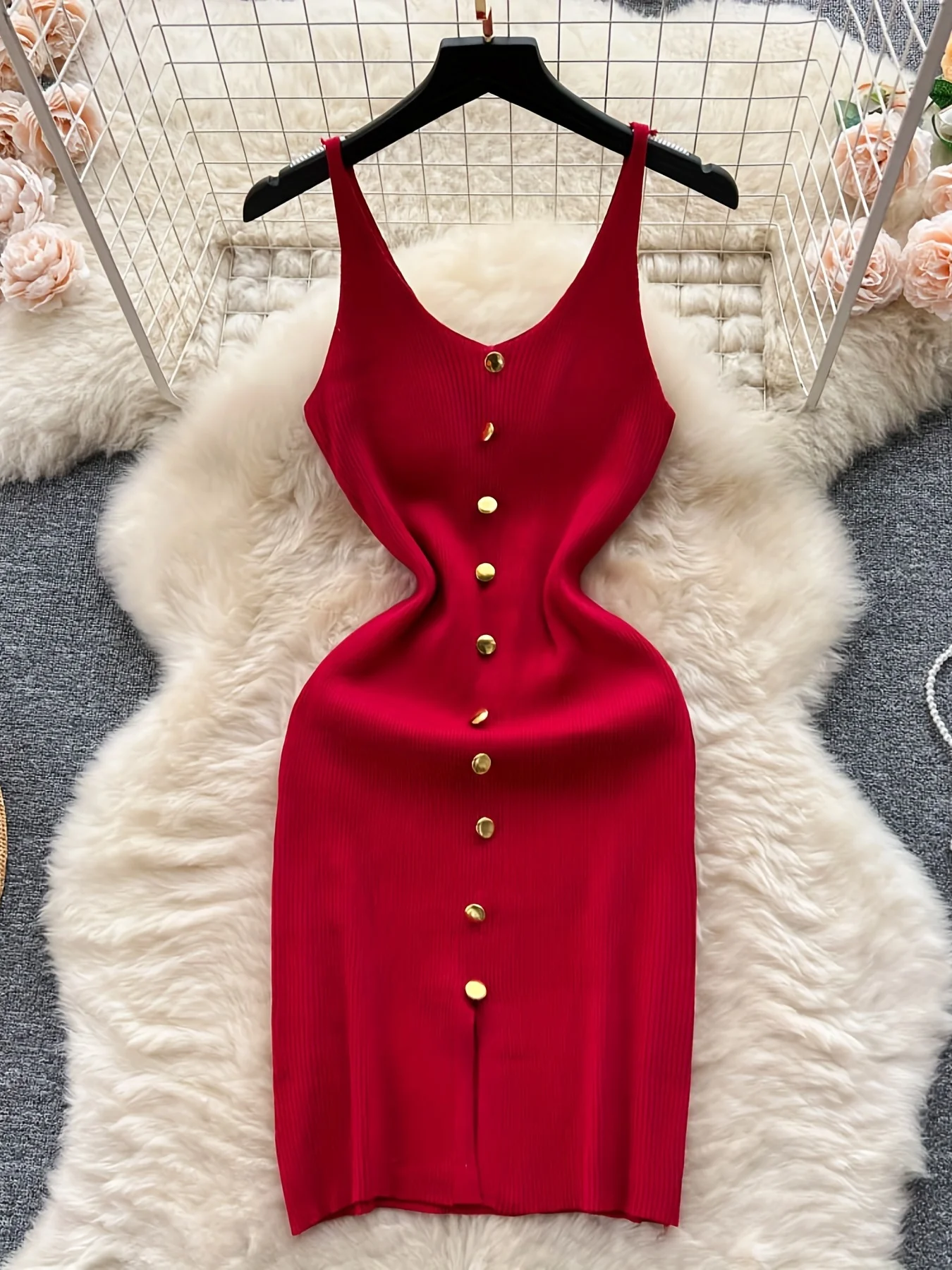 2024 solide Taste Vorne Spaghetti Kleid Sexy Split Stricken Cami Kleid Bodycon frauen Kleidung Outfits Split – Detail 4