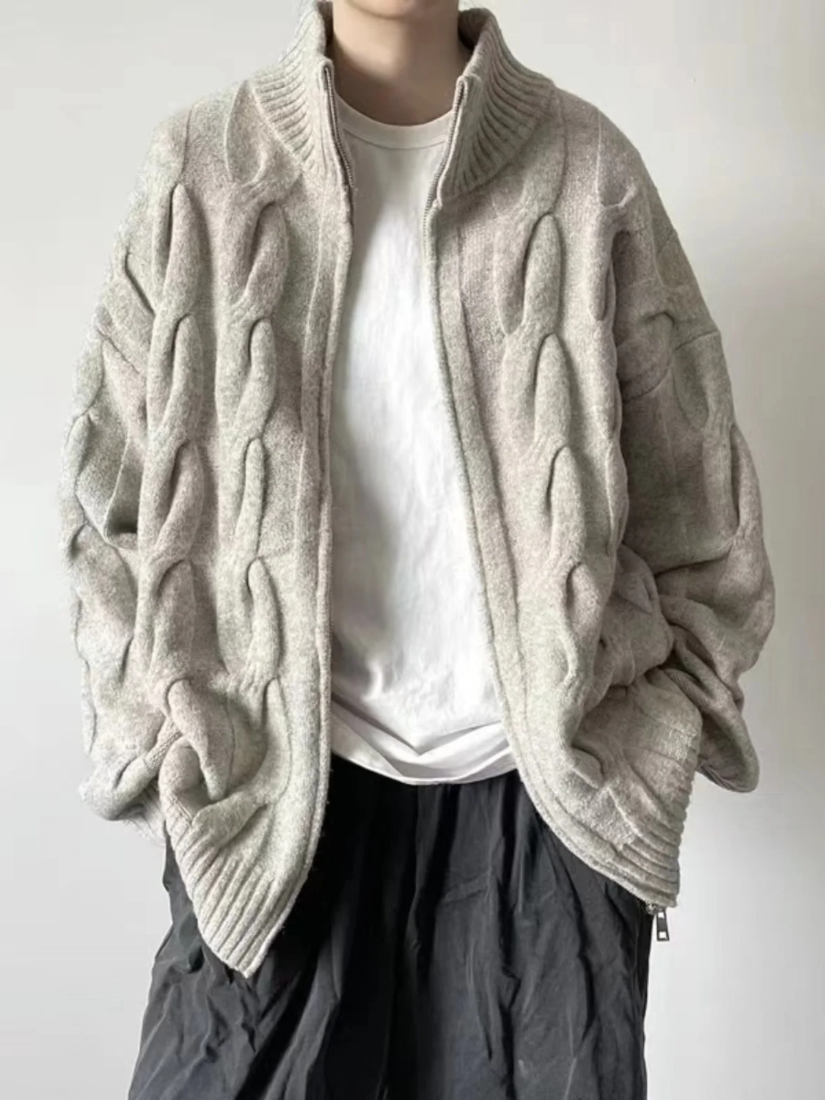 

Loose Casual Men's Knitted Sweater Autumn Winter Japanese Retro Twist Stand Collar Zipper Decorated Open Cardigan Thi Long ...