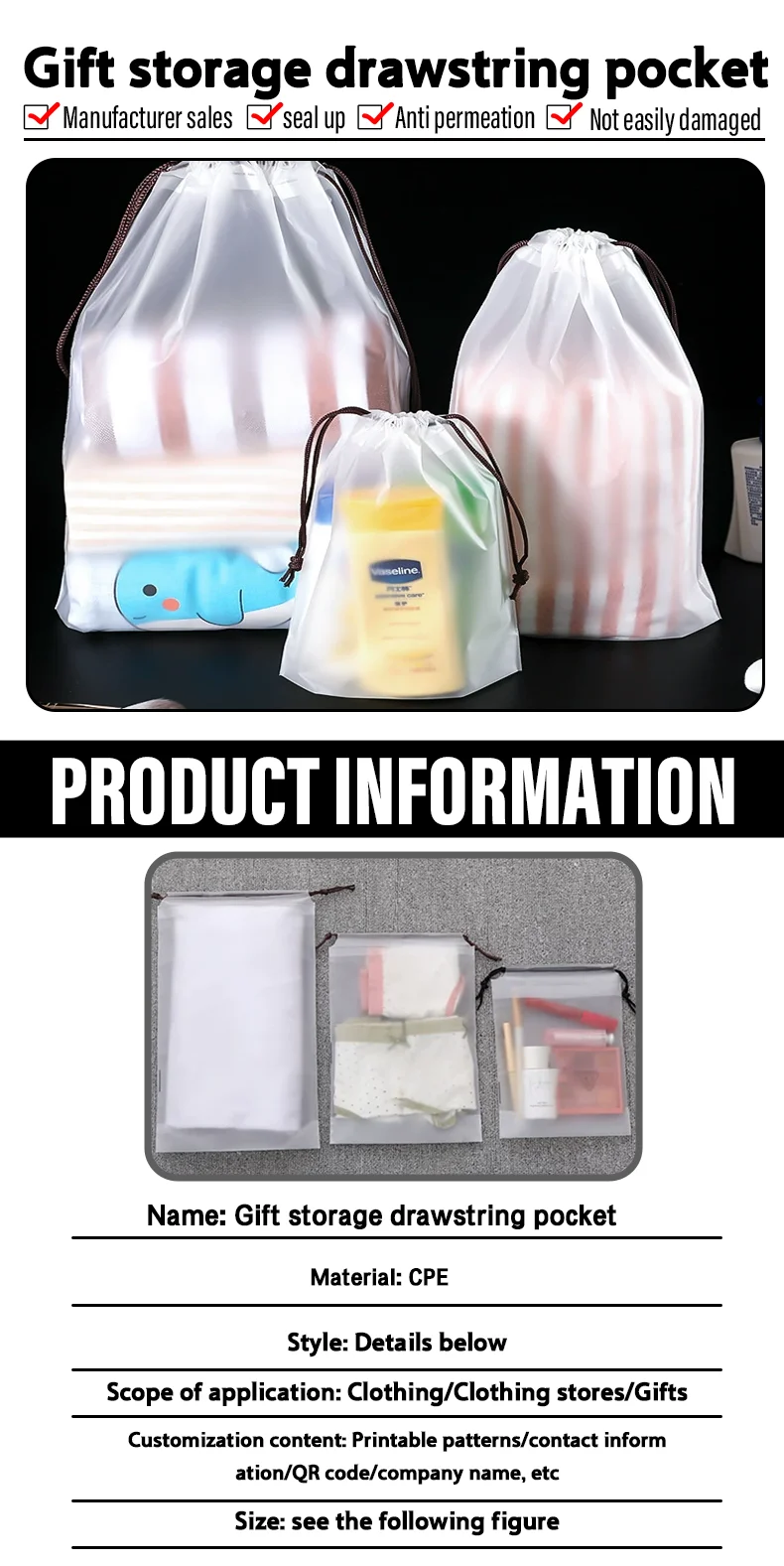 50 Kordelzugbeutel, mattierte Plastikbeutel, durchsichtige Aufbewahrungsbeutel, Kosmetiktücher, Wattestäbchen-Verpackungsbeutel, mit individuellem Logo – Detail 1