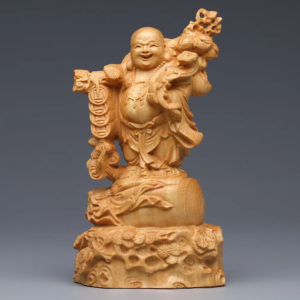 Cliff cypress wood carvings cloth bags Maitreya Buddha statue ornament home offering Laughing Buddha classical handicrafts