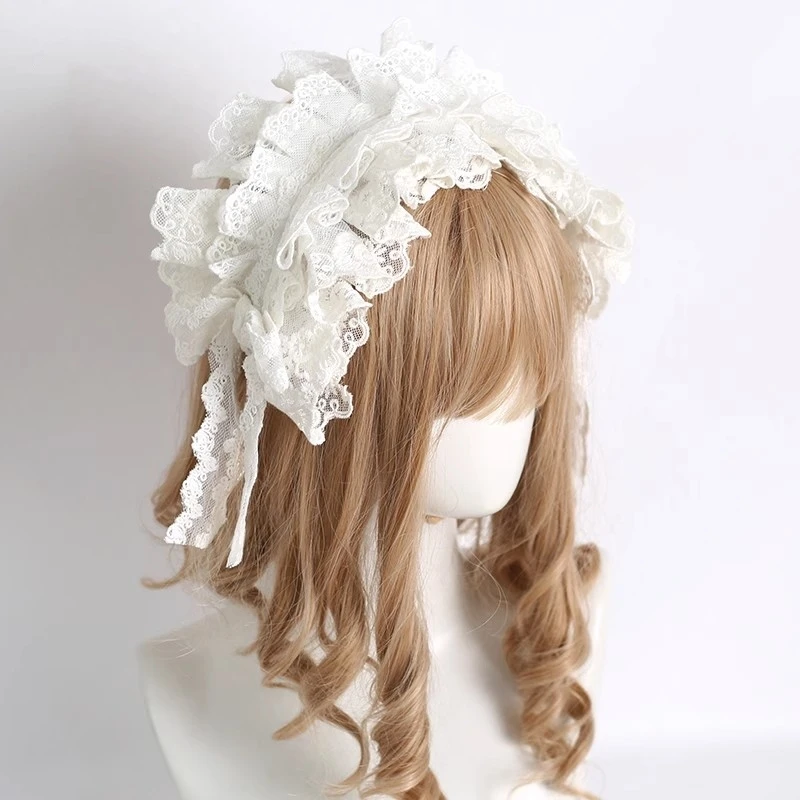 Lolita koronkowa opaska na głowę koronkowa kokardka opaska do włosów słodka kokarda pokojówka Cosplay nakrycie głowy nocne akcesoria do włosów na imprezę