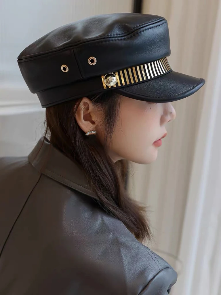 

2026 Fashion Spring Military Hat Women Genuine Leather Sheepskin Caps Male Casual Flat Top Navy Army Hat Sequins