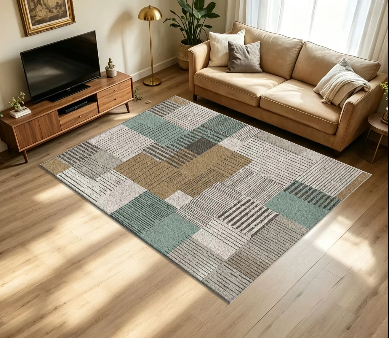 Medieval Patchwork Style Linear Geometric Pattern Carpet Modern Carpet Floor Mat for Living Room Office Non-Slip Floor Mat