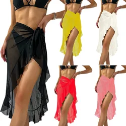 Faldas largas y cortas con volantes para mujer, vestido playero, pareos cortos, Bikini, falda de baño de Color caramelo, traje de baño para mujer, ropa de playa