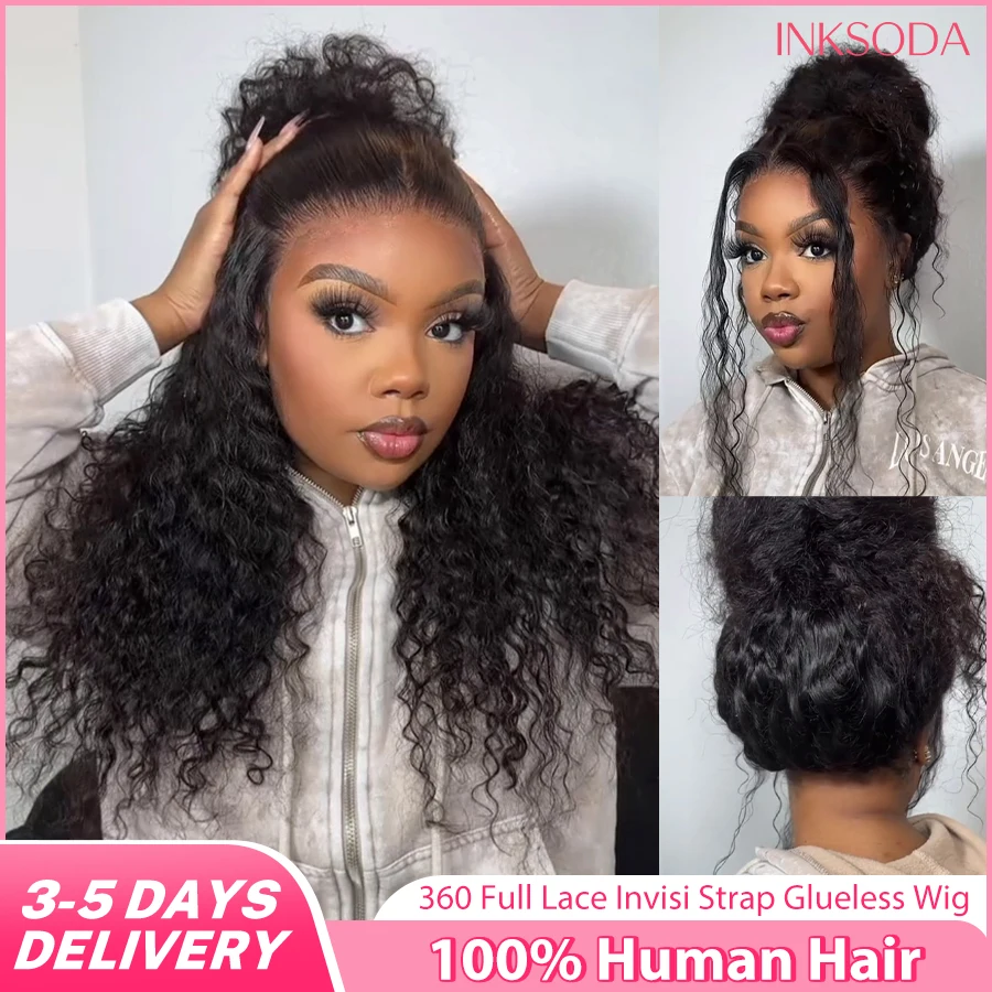 

Hidden Strap 360 Full Lace Frontal Wigs Human Hair Invisible Strap Bleached Konts Deep Wave HD Lace Front Wig with Drawstring