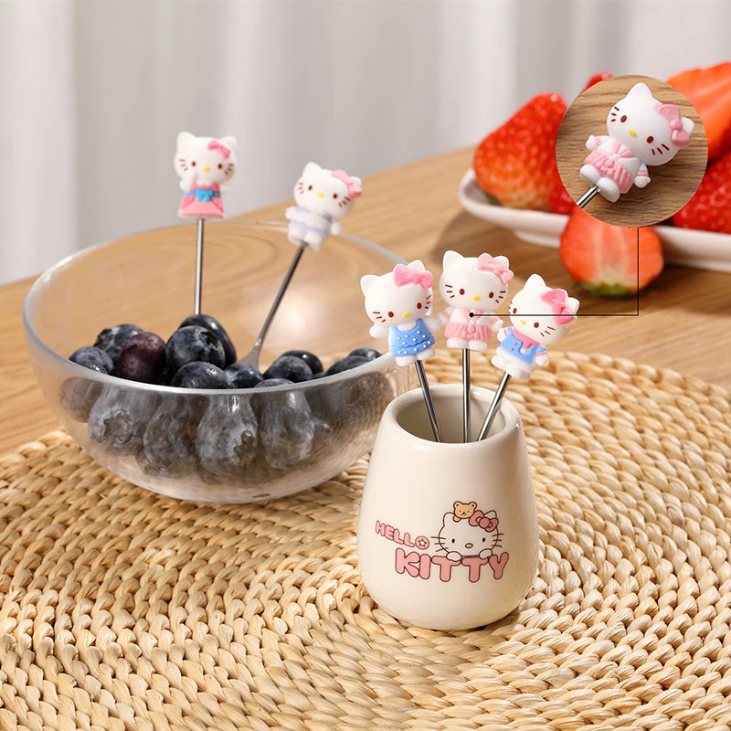 

Kawaii Cartoon Fruit Forks Set Cute Hello Kitty My Melody Kuromi Cinnamoroll Forks Stainless Steel Food Fork With Storage Jar