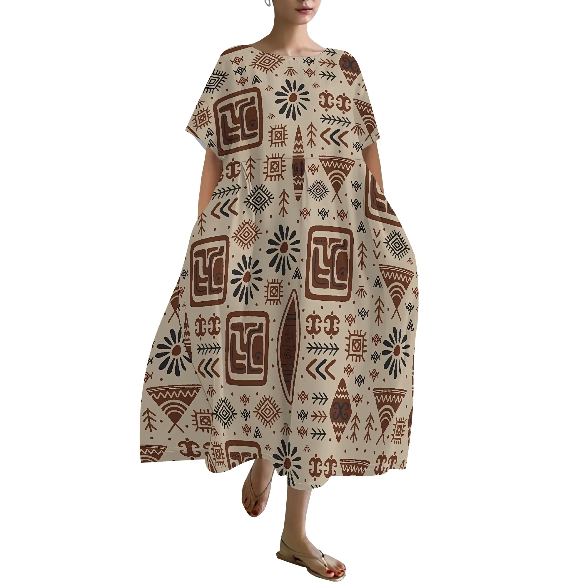 EQQZD Abito girocollo a maniche corte da donna, elegante abito casual con stampa modello stile Boho con tasche