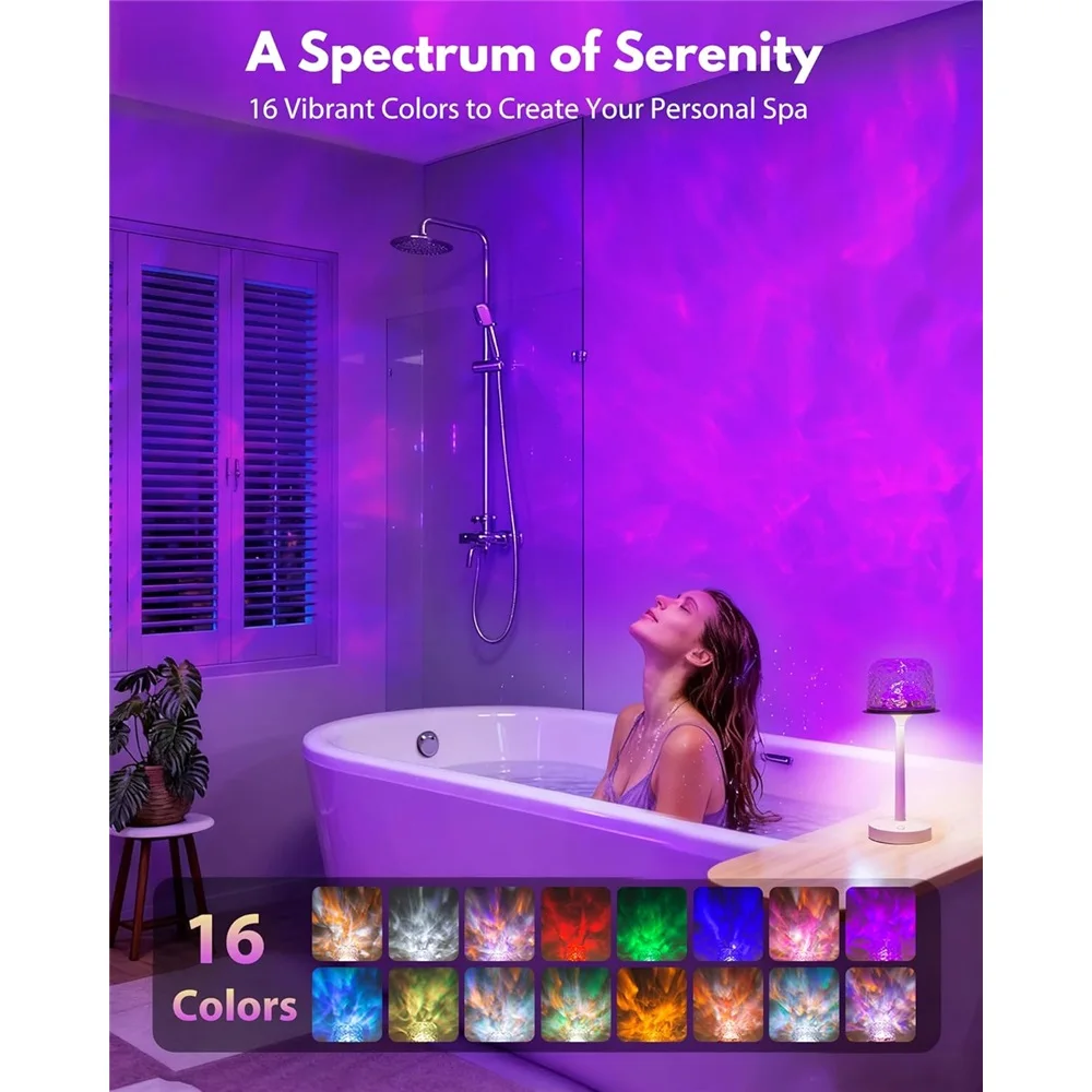 Spa-Like Shower Lamp -  Bathroom Lamp with 16 Color Ocean Wave Projector, Rechargeable Shower Light with Touch & Remote Control